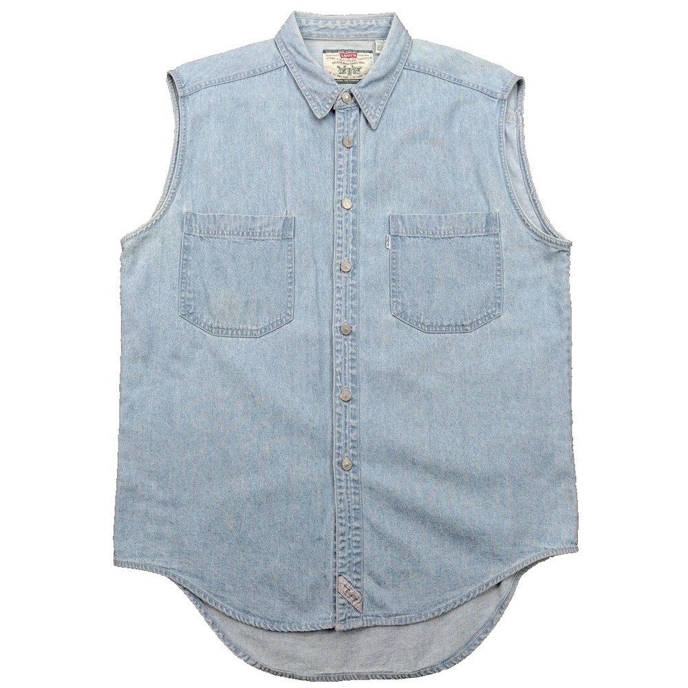 VINTAGE Levi's Men Denim Button Up Shirt LARGE Biker Sleeveless Muscle Tank